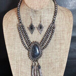 Silver Southwest Statement Necklace Vintage Native Feather Ethnic STYLE +Earring